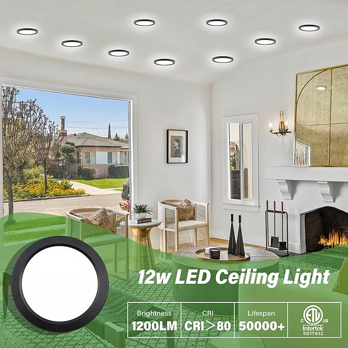 7.3" Flush Mount Dimmable LED Ceiling Light - 5000K Black, Ultra Thin Round Fixture for Bedroom, Bathroom, Kitchen, Hallway, Basement, Closet - 6Pack