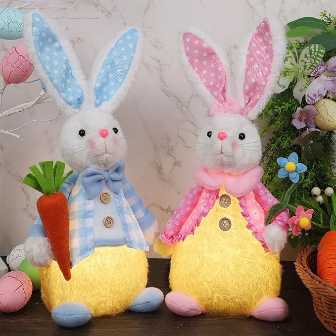 Juegoal 2 Pack Lighted Easter Bunny, 12.5" Handmade Huggable Rabbits Couple with Lights, Light Up Easter Basket Rabbits Easter Gift, Party Favor Figurine for Spring Tabletop Holiday Room, White