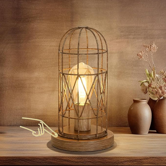Touch Control Table Lamp for Small Spaces - 3 Way Dimmable Nightstand & Bedside Lamp for Bedroom & Living Room, Rustic Wood Cage Shade, Bulb Included