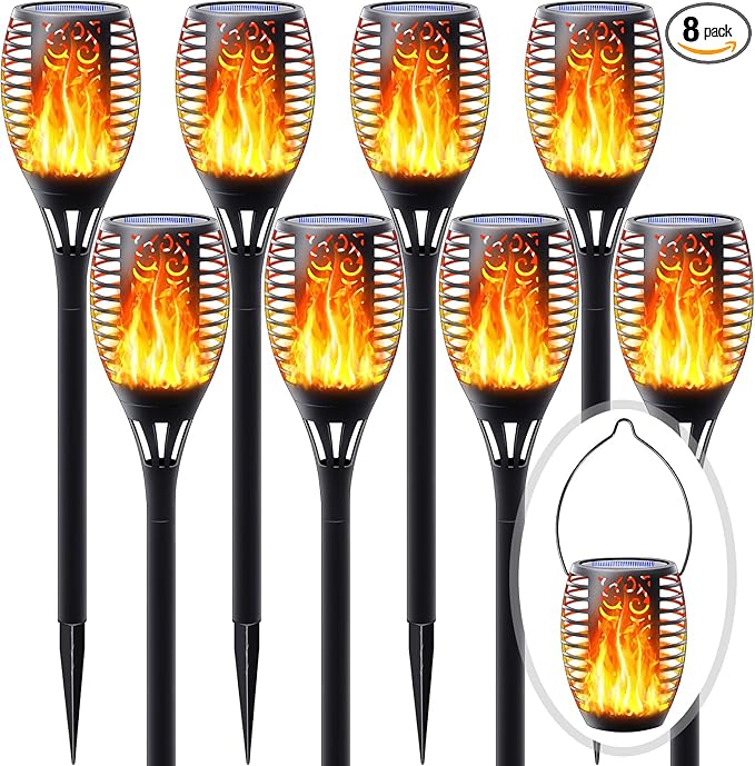 8Pack Solar Torch Light with Flickering Flame, Upgraded 3in1 Solar Lights Outdoor Hanging Lantern, Waterproof Landscape Decoration Lighting for Garden Yard Pathway Driveway, Auto On/Off