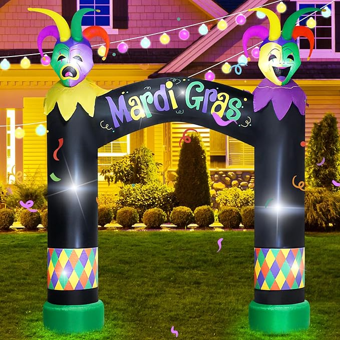 10FT Mardi Gras Inflatable Arch with LED Lights - Easter Blow Up Outdoor Decoration, Jester Mask Archway for Party/Yard/Garden/Lawn, Built-in Sandbags & Easy Set up
