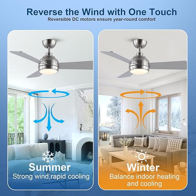 42 Inch Ceiling Fans with Lights and Remote, Modern Brushed Nickel Ceiling Fan with Light, DC Reversible, 6 Speeds, 3CCT, Dimmable, 3 blades, Bedroom, Indoor/Outdoor Patios Use