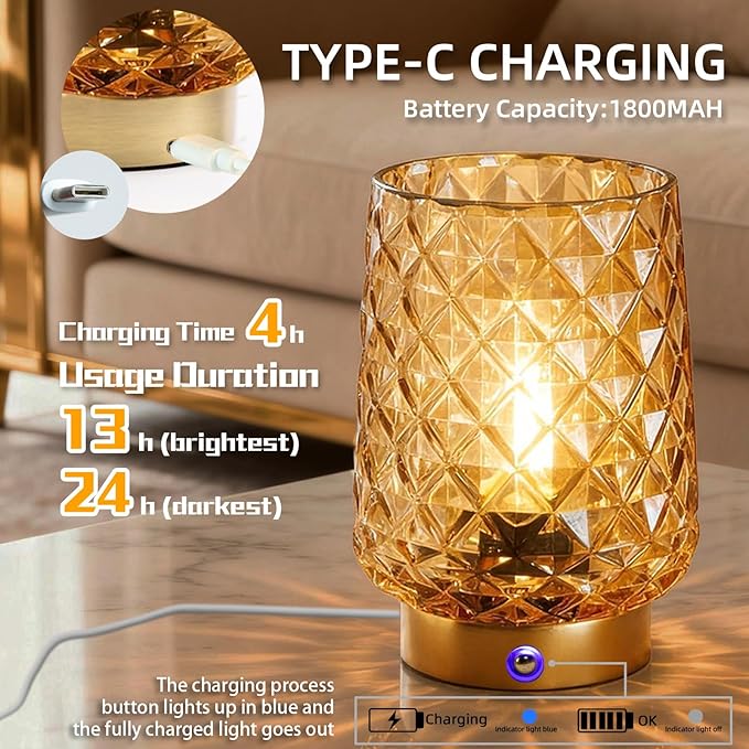 MJ PREMIER Cordless Rechargeable Table Lamp, Dimmable Portable Night Light with Diamond Facet Design, 1800mAh Battery Operated Lamp for Bedside Patio Outdoor Home Decor Emergency Gift for Women Yellow