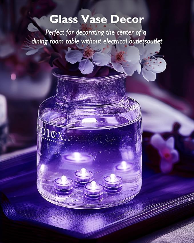 Homemory 12pcs Mini Submersible LED Lights, Waterproof Small Tealight Candles,Battery Operated Underwater EFX Light for Vase,Pool Pond,Halloween Lantern Decor-Purple