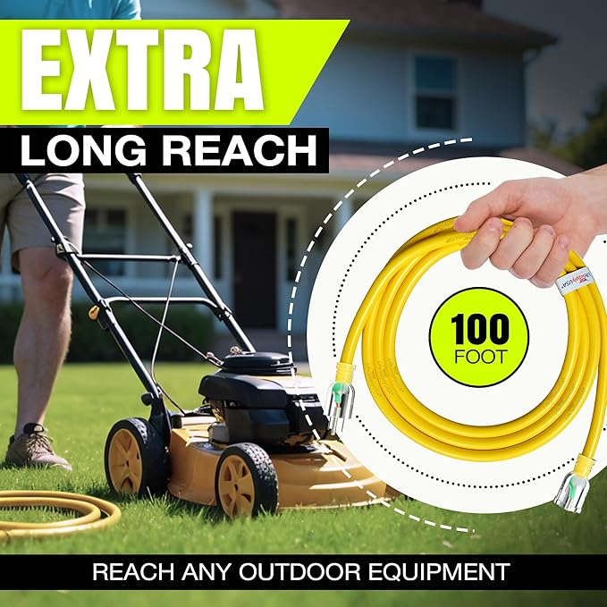 100ft Outdoor/Indoor Extension Cord 14/3 Gauge Heavy Duty 3 Prong SJTW, Waterproof, Flexible Cold-Resistant Long Power Cord,13A 125V 1625W, Yellow by LifeSupplyUSA