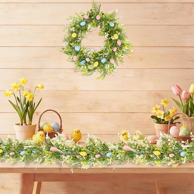 6FT Lighted Easter Egg Garland, Battery Operated Spring Garland with Warm White LED Lights, Easter Decorations for Fireplace Mantel, Door, Indoor & Outdoor Holiday Decor