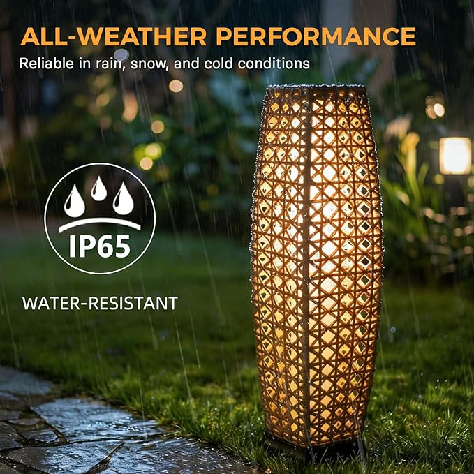 Grand patio Outdoor Floor Lamp Solar Lantern, Water-Resistant Natural Wicker Boho Patio Light with 50/100 Lumens Dual Brightness & Memory Mode for Garden Porch Deck Decor, Large Diamond Natural