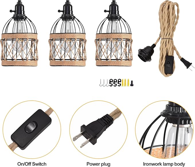 3 Light Hemp Rope Plug in Pendant Light Rattan Hanging Lights with Plug in Cord with Woven Lamp Shade, Plug in Cord Hemp Rope Hanging Lamp