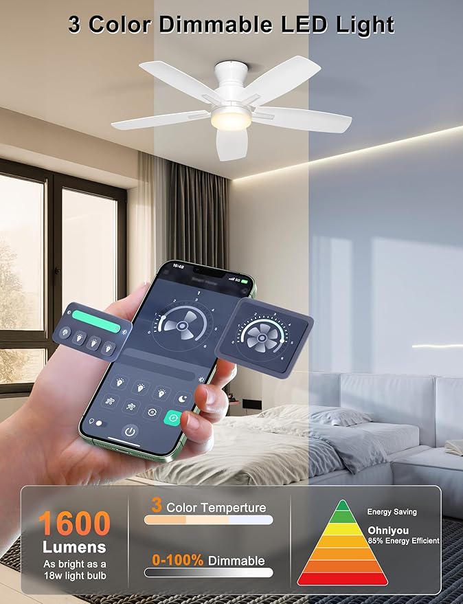 Ohniyou Ceiling Fans with Lights, 42'' Low Profile Ceiling Fan with Light and Remote/APP Control, Modern Flush Mount Ceiling Fan for Indoor Bedroom Kitchen, Dimmable, Qiuet DC Motor, White