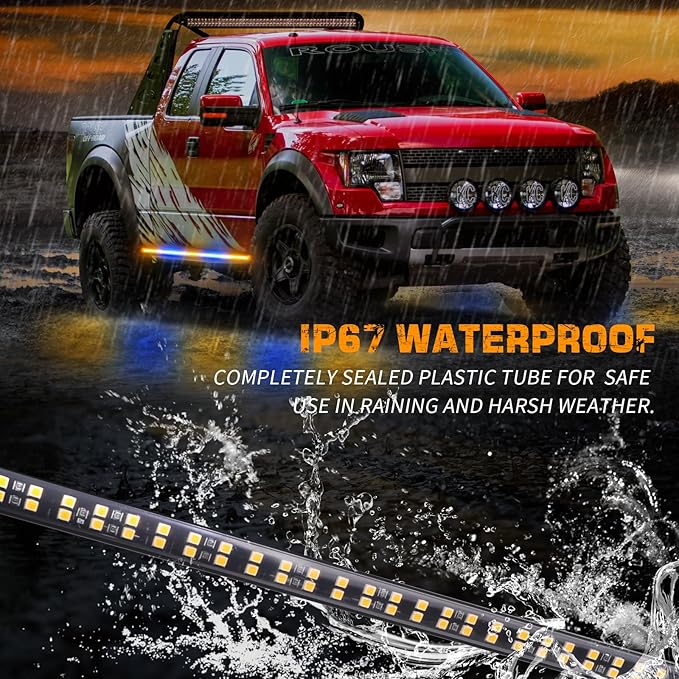 XRIDONSEN 2PCS 60 inch Amber Blue Emergency Lights Strip 720 LED Running Board Strobe Lights Flashing Warning Safety Waterproof Side Step Lights for Trucks Construction Vehicles Pickup SUV Jeep Car