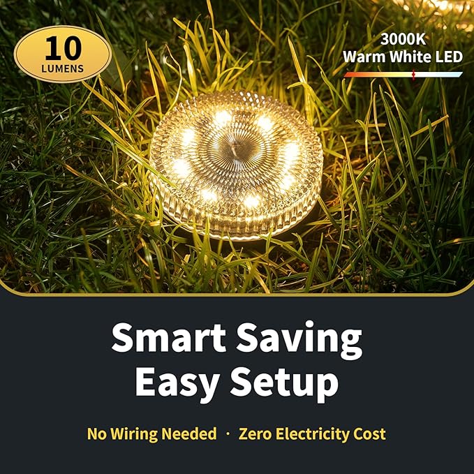 Glass Solar Ground Lights with Crystal Style, Modular-Design Waterproof In-Ground Light for Patio Pathway Lawn Yard Deck Walkway, Decorative Disk Lighting for Garden Bed, Warm White (4 Pack)