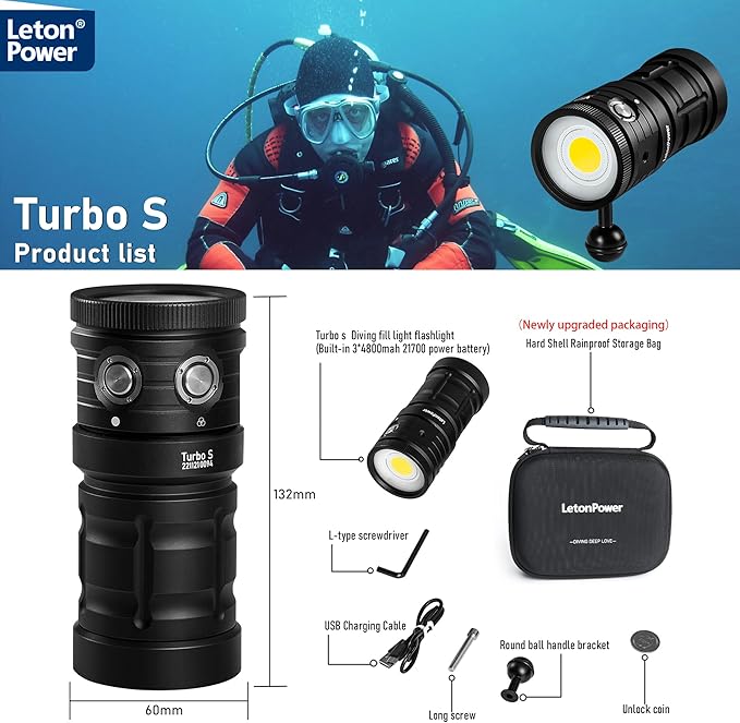 Dive Light,LetonPower TS S 10000Lumens 100m Underwater Video Light,Diving Flashlight,Waterproof Flashlight with Type-C Charging for Professional Under Water Sports