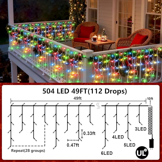 504 LED Fairy lights for Bedroom, 50ft Christmas Window Lights with 112 Drops 12 Modes, Dimmable Curtain Lights, String Lights Indoor Outdoor for Holiday Wedding Party Home Decorations, Multicolor