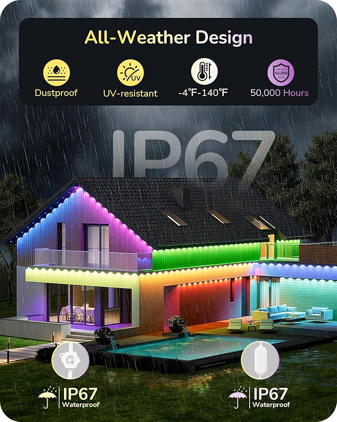 EDISHINE 150ft Cuttable Outdoor Permanent Christmas Lights Pro, 90 LED Smart RGB+IC+Warm White House Eave Light, App/Remote, 111 Scene Modes IP67 Waterproof for Daily Decor, Alexa Google Enable