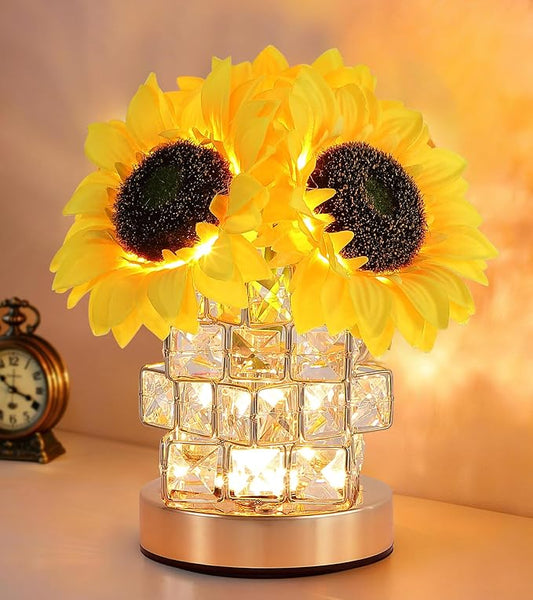 Sunflowers Flower Lamp,Rechargeable Cordless Touch Lamp,3-Colour Infinitely Dimming Small Night Light,Crystal Table Lamp,Christmas/Mother's Day/Birthday Gifts for Women,Home Decor.