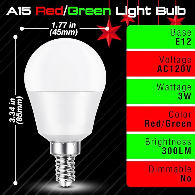 Red Green E12 LED Candelabra Bulbs, 25w-40w Equivalent, 3W Christmas Light Bulbs, E12 Small Base Globe Red Green LED Bulb for Christmas Halloween Holiday Party Wedding Decoration (1 Red+1 Green)