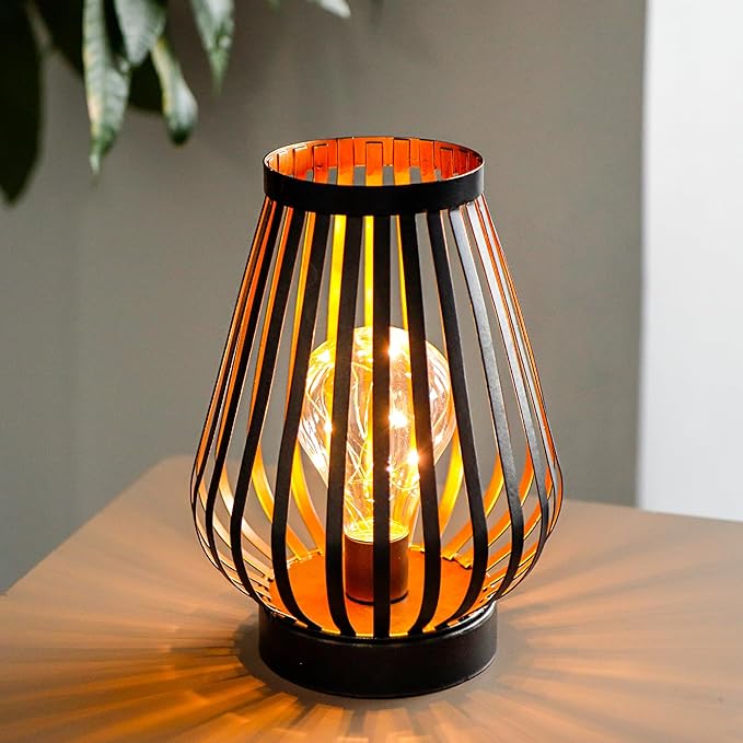 JHY DESIGN Metal Cage LED Lantern 8.7''H Battery Powered Cordless Accent Light with LED Edison Style Bulb Great for Weddings Parties Patio Events Indoors Outdoors Christmas Decorations