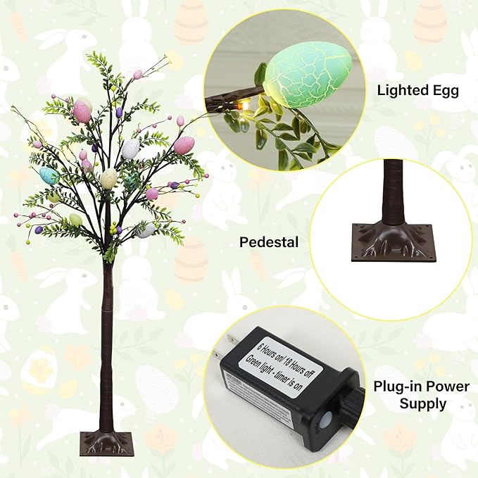 DR.DUDU 4FT Lighted Easter Tree with Timer, Pre-Lit Artificial Egg Trees with Colorful Eggs & LED Lights, Easter Decorations for Home Indoor Outdoor, Spring Decor for Porch, Office