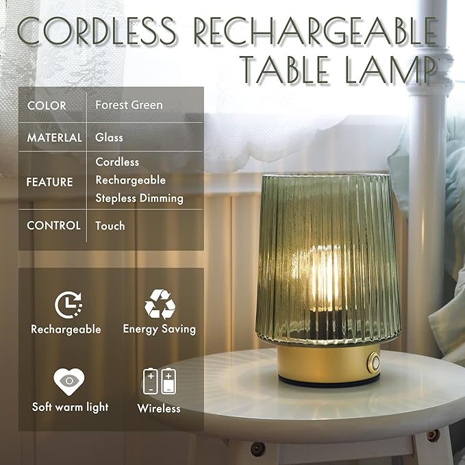 Cordless Lamp Rechargeable Battery Operated lamp, Glass Small Table lamp - Portable Dimmable Brightness Touch Wireless Bedside Lamp for Bedroom/Kitchen/Entryway/Home Living Room Decor Green