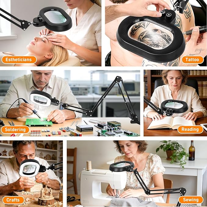 Ultra Long Arm Magnifying Glass with Light, Three-axis Rotation Infinite Color Dimmable 12X Magnifying Lamp, Large Lighted Magnifier Workbench Light for Close Work, Craft, Repair, Reading,Sewing