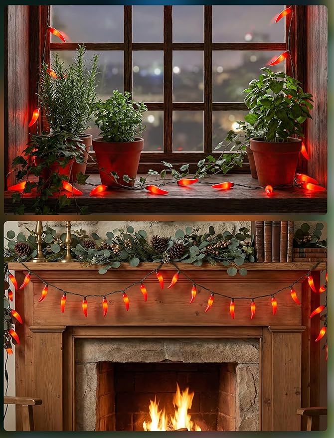 13.6Ft Chilli Pepper Light, Christmas Decorations String Lights with 35 Red Pepper Bulbs, Plug in Fairy Lights for Indoor Party Kid's Room Xmas Tree Patio Bedroom Garden Decor