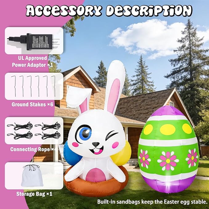 Dearsun Set of 2PCS, 4FT H Easter Inflatable Bunny and Egg, Outdoor Easter Egg Hunting Sign Decorations, Cute Easter Blow up Winking Bunny & Giant Egg, Yard Decoration with LED Lights for Party Decor