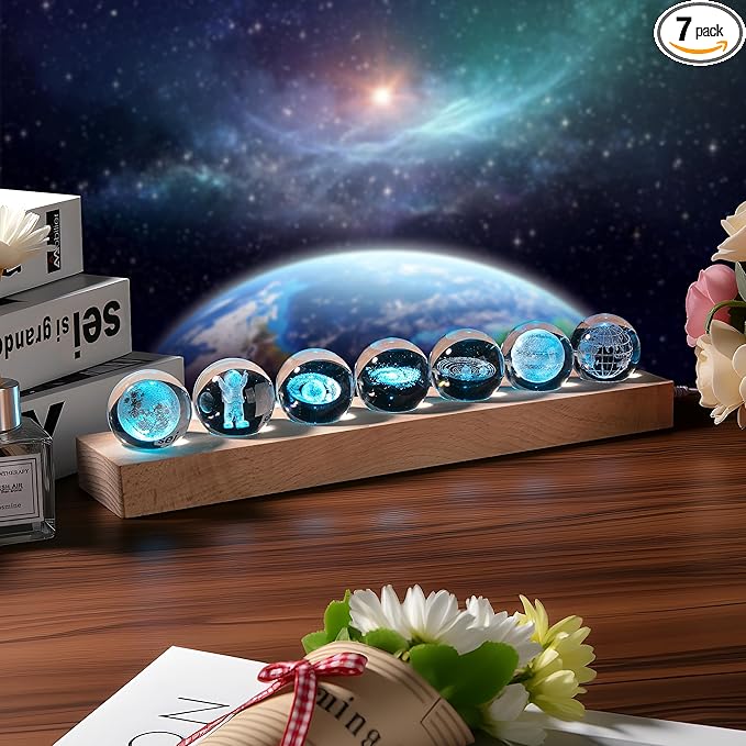 3D Crystal Solar System Crystal Ball with Led Lamp Base Galaxy Jupiter Saturn Moon Earth Solar System Space Astronomy Planets Globe Ball Astrophysics Gift Night Light Kids Adults Gift