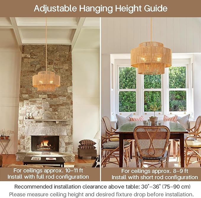 24'' Boho Rattan Chandelier, 4-Light Hand-Woven Wicker Pendant Lamp, Rustic Modern Ceiling Light Fixture for Dining Room, Kitchen Island, Living Room, Bedroom, Foyer, Entryway, Over Table