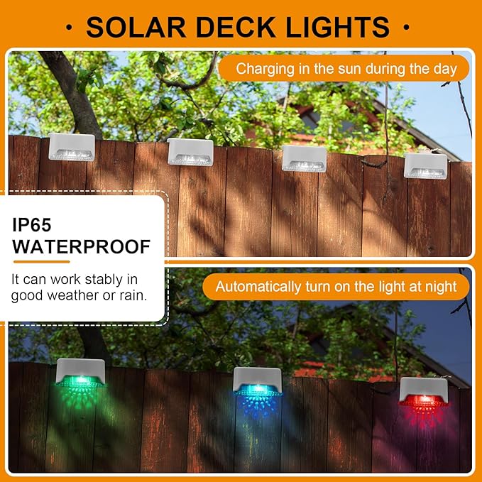 Geelin 32 Pcs Solar Deck Lights Outdoor, Waterproof LED Solar Step Fence Lights for Stairs, Step, Railing, Patio, Driveway, Garden, Pathway and Yard(White Shell Multicolor Light)