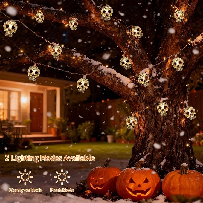 Halloween String Lights,15FT 30 LED Fairy Decor Lights USB & Battery Operated (Not Included) Cute Skull String Lights 2 Modes Waterproof Fall Light Decoration for 2025 Indoor Outdoor Home Party Garden