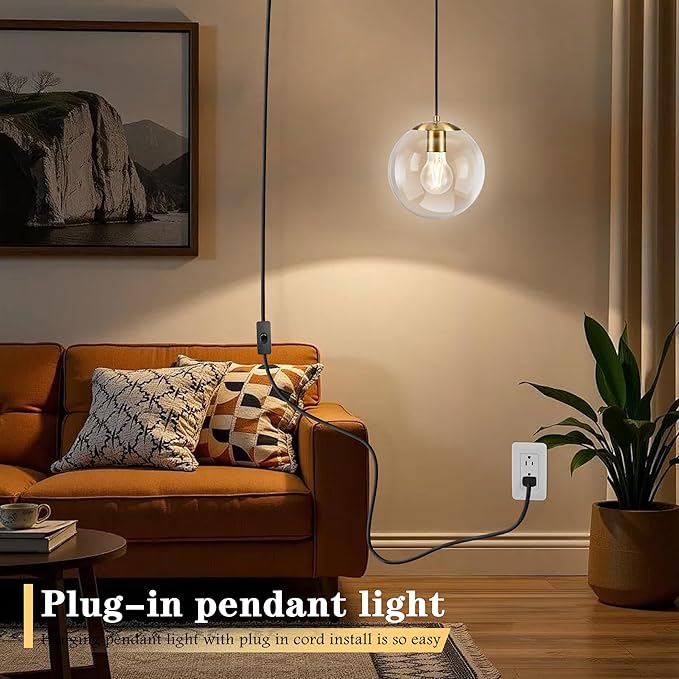 KoKo&Yukina 8" Globe Pendant Light Gold Plug in Pendant Light Adjustable Hanging Lights with Plug in Cord Brushed Gold Finished with Clear Glass Lampshade for Bedroom Kitchen Island（Bulb Included）