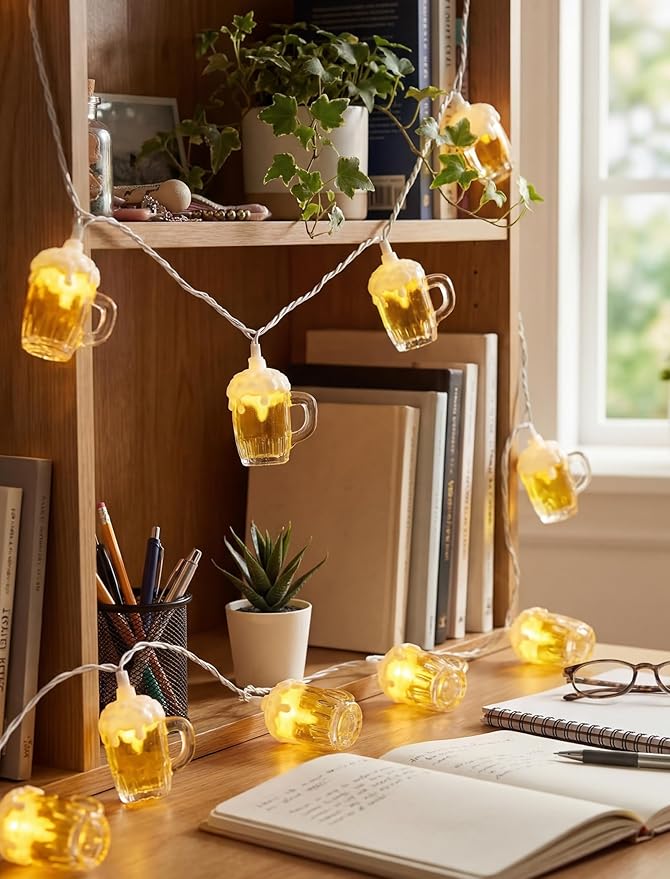 LED Beer Mug String Lights for Patrick's Day, 8.5Ft Tropical Beach Theme Fairy Lights Plug in with 10 3D Beer Cup Bulbs, Summer Hawaiian Outdoor Decor for Camping Tent Holiday Party Garden