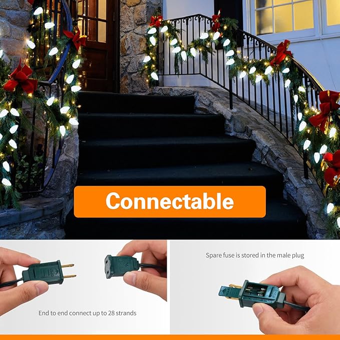 25FT C7 Christmas Lights Outdoor, Bright SMD LED String Lights with 25 7000K Cool White Bulbs for Roof, Fence, Winter Ice Themed Holiday Decor