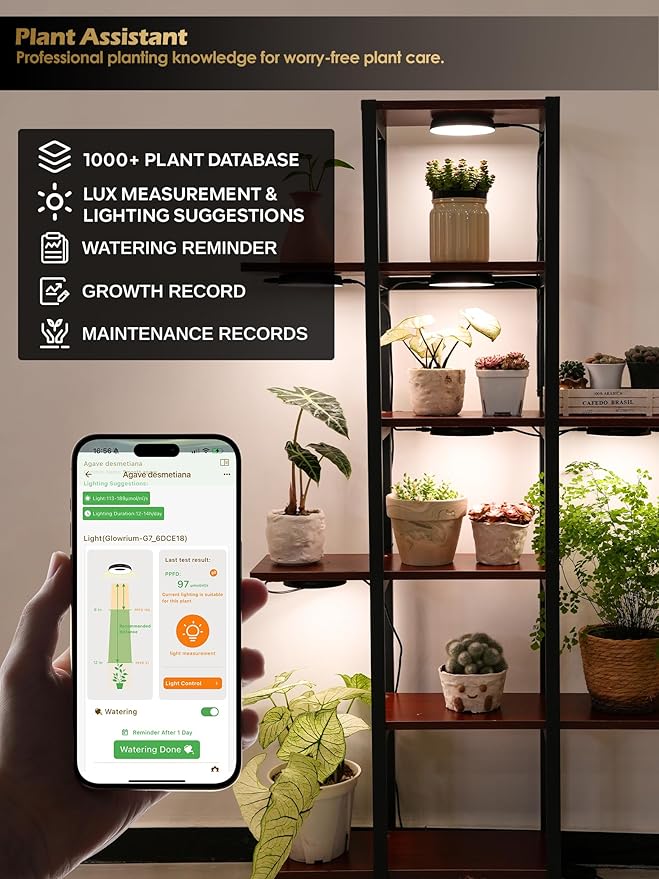 GLOWRIUM Grow Lights for Indoor Plants,48W Smart Full Spectrum LED Grow Light, Auto Timer and Stepless Dimming,Plant Assistant with Watering Reminder,Modular Design (Black, 6 PCS)