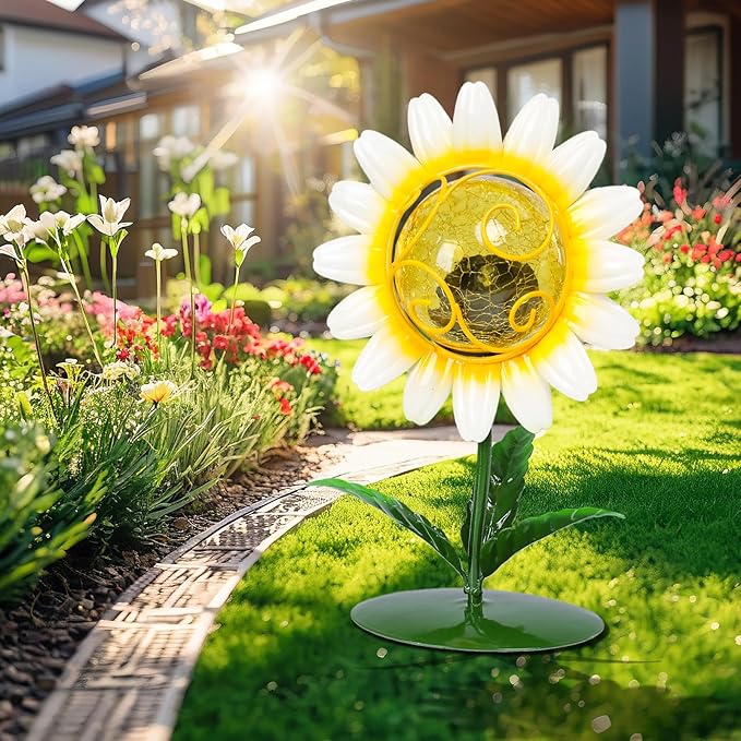 MUMTOP Solar Lanterns Outdoor - Sunflower Solar Lights Decorative, Tabletop Lantern Lamp Ornaments with Cracked Glass for Yard Patio Garden Outside Decorations