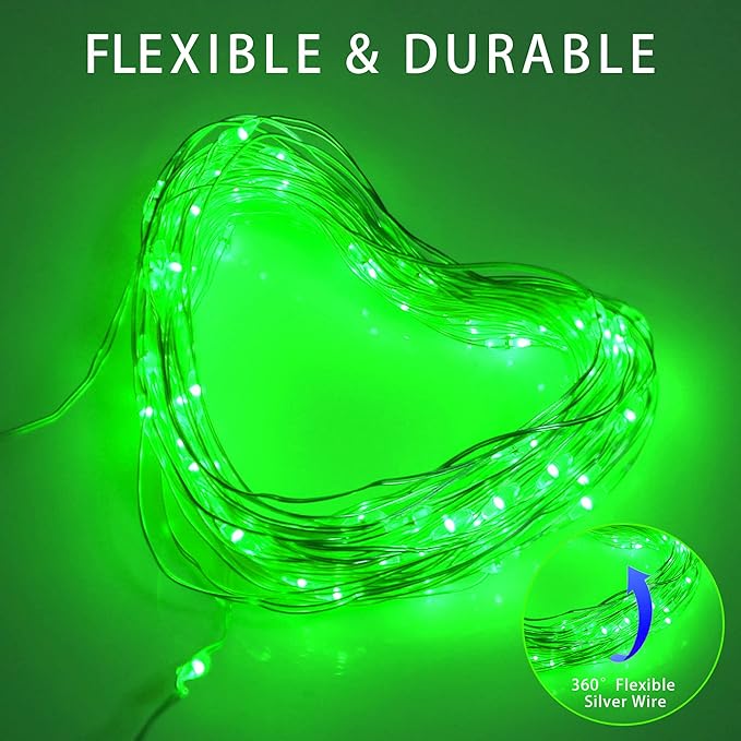 YAOZHOU St Patrick’s Day Decorations Green Fairy String Lights,Christmas Indoor Battery Operated with Timer, 2 Pack Total 33FT 100 Led Mini Battery Powered Mason Jar Firefly Lights DIY Party