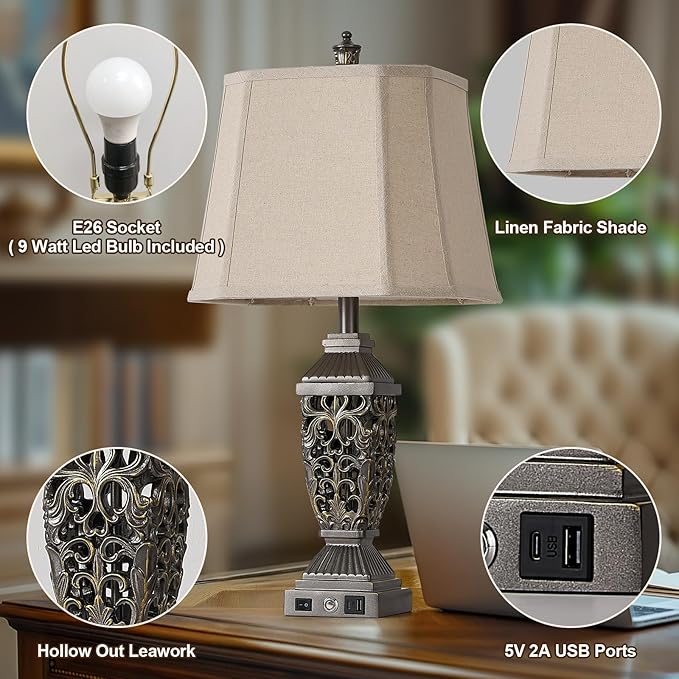 AIDENOEY 27.5“ Farmhouses Table Lamp with USB & USB-C Charging Ports, 3-Color Dimmable & Stepless Bottom Dimming, Touch Control & Switch, Vintage Bedside Lamp for Bedroom Living Room Office,(Brown)