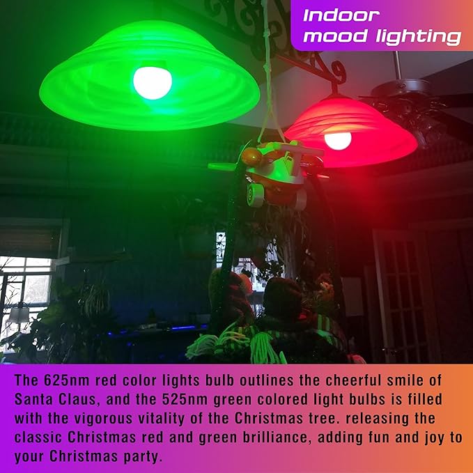 Red Green Light Bulbs 25w-40w Equivalent, 120V 3W Christmas Light Bulb, E26 Red Light Bulbs Green Light Bulb for Christmas Halloween Holiday Party Wedding Porch Decoration, Non-Dimmable (1Red+1Green)