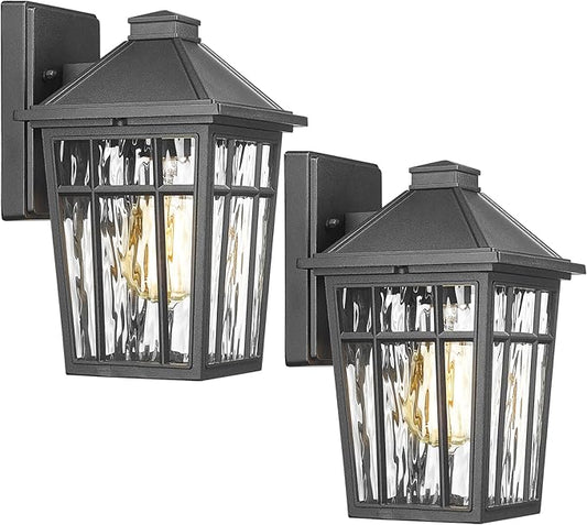 Darkaway Outdoor Wall Lights for House, 2pcs Exterior Lighting Fixtures Wall Mount Porch Lights Waterproof Outdoor Sconce Lights with Water Ripple Glass for Patio Hallway Garage