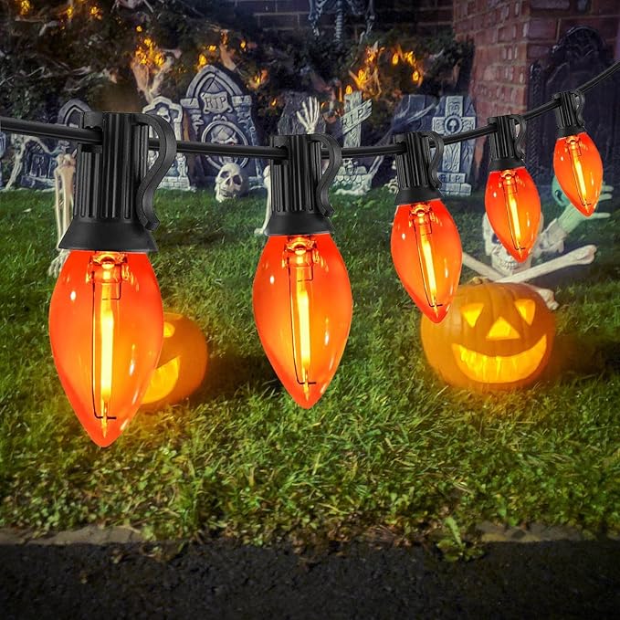 C7 Orange Halloween Lights Outdoor, 25FT LED String Lights with 25 Bulbs, Waterproof Fall Thanksgiving Decor for Patio, Fence, Tree, Party