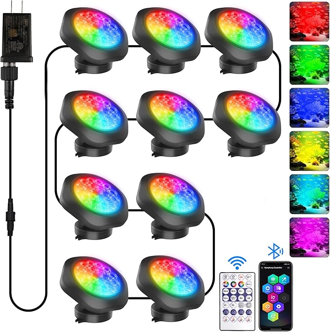 T-SUN Submersible RGB LED Pond Lights – IP68 Waterproof Fountain Lights with Bluetooth App & Remote, 16 Million Colors Underwater Lighting for Koi Ponds/Garden Water Features Aquarium (10-Pack)