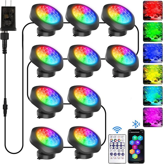 T-SUN Submersible RGB LED Pond Lights – IP68 Waterproof Fountain Lights with Bluetooth App & Remote, 16 Million Colors Underwater Lighting for Koi Ponds/Garden Water Features Aquarium (10-Pack)