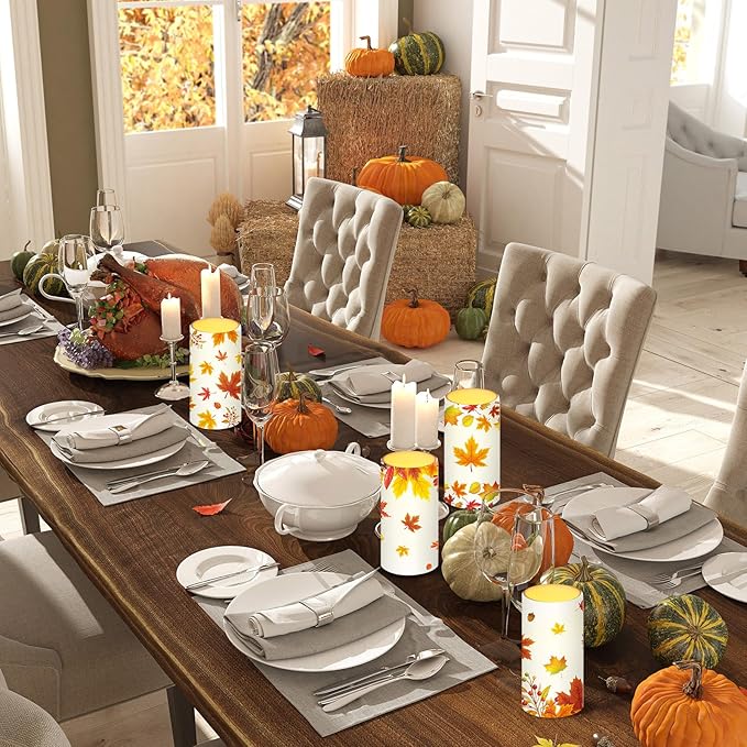 Tiamon Maple Leaf Flameless Candles Led Leaves Candles Battery Operated Yellow Flickering Candles with 18-Key Remote Timer Pillar for Garden Flower Plants Party Table Decorations