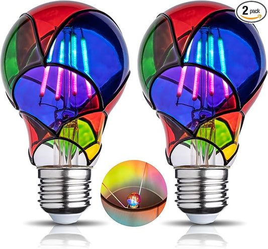 Stained Glass Light Bulb, Rainbow Painted, 4W 120V, Multi Colored Indoor, Fun & Romantic