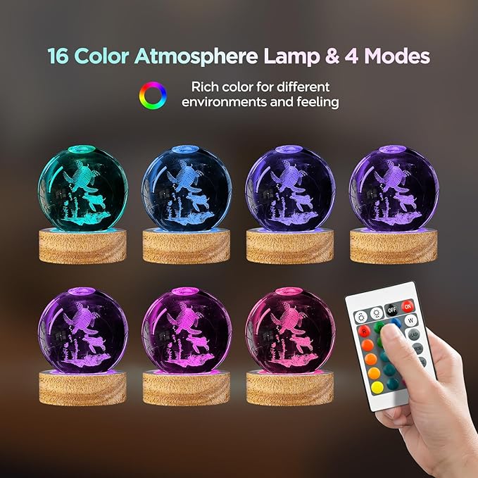 3D Sea Turtle Crystal Ball Night Light with 16 Color, 60mm Sea Turtle Figurine Glass Lamps with Remote Unique Turtle Room Table Decor Birthday Christmas Gifts for Boys Girls Friends