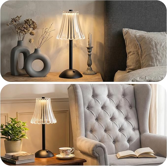 Liliful 2 Pcs Cordless Table Lamp Rechargeable Touch LED Small Gold Portable Battery Operated USB-c Desk Lamp 3 Color Dimmable for Bedroom Living Room Dining (Black,Rose Style)