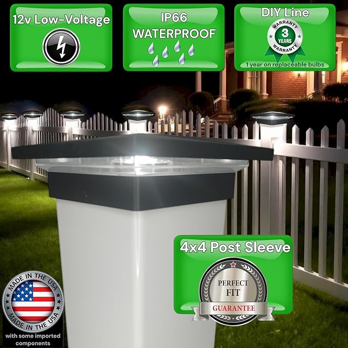 DekLights® DIY Line LED Lighted Post Cap for 4x4 Deck/Fence Posts. Wired 12volt Low Voltage with Replaceable LED Light Bulb. for Your Vinyl or Composite railings. Made in USA (Black Cap 6000k Bulb)