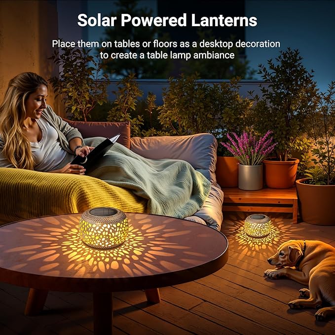 Solar Lanterns Outdoor Waterproof: 2 Pack Hollow Out Retro Metal Lantern Lights - Solar Lantern Decorative - Gardening Gifts for Women Mother's Day, Outside Garden Yard Patio & Indoor Tabletop Decor