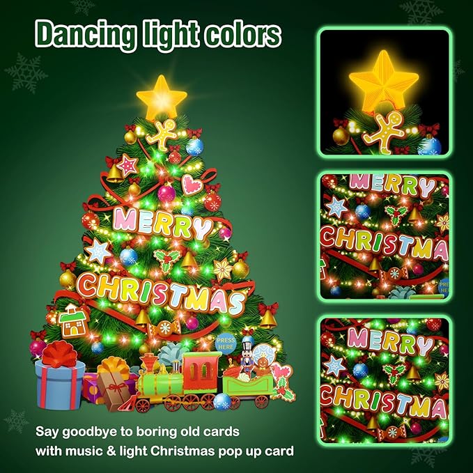 FaCraft Musical Christmas Tree Cards, 10" x 8" Handmade 3D Pop Up Christmas Card, Xmas Decoration, Easy to Stand Up, Lights Blinking Modes, with Envelope, Blank Insert and Seal, for Winter, Holidays