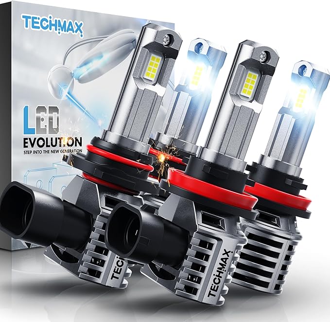 TECHMAX H 11 + 9005 Bulbs, +600% Ultra Brightness 6500K White 9005 H-11 Combo Fog Light Bulb with Cooling Fan, Plug and Play, Pack of 4